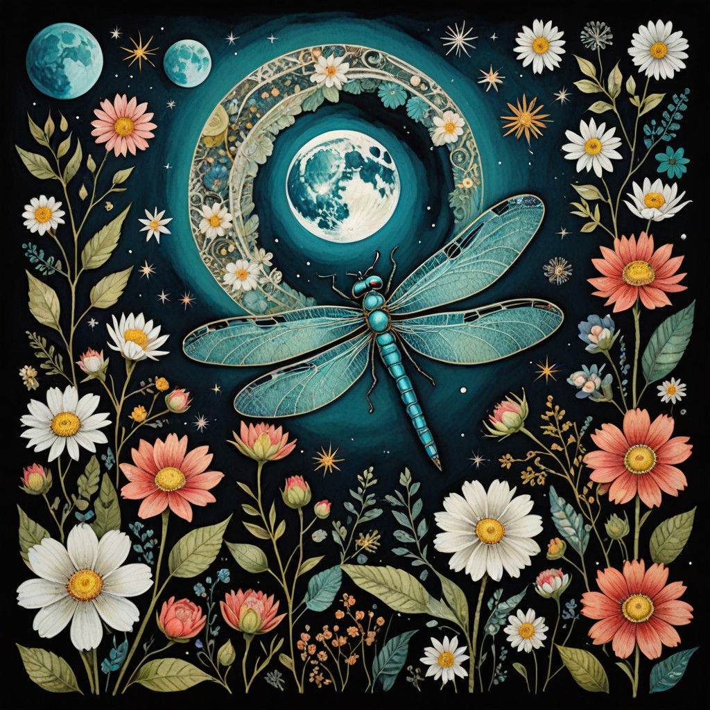 Whimsical Nighttime Dragonfly in Turquoise, Embellished with...