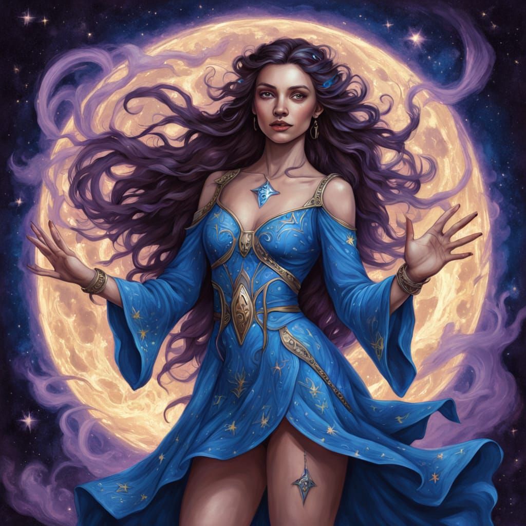 Surreal Fantasy Wizardess with Glowing Runes and Celestial N...