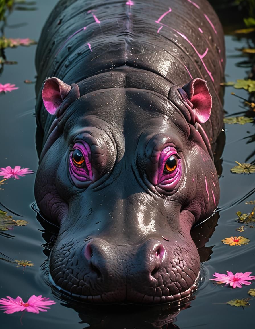 Bioluminescent Hippo in Dark Swamp