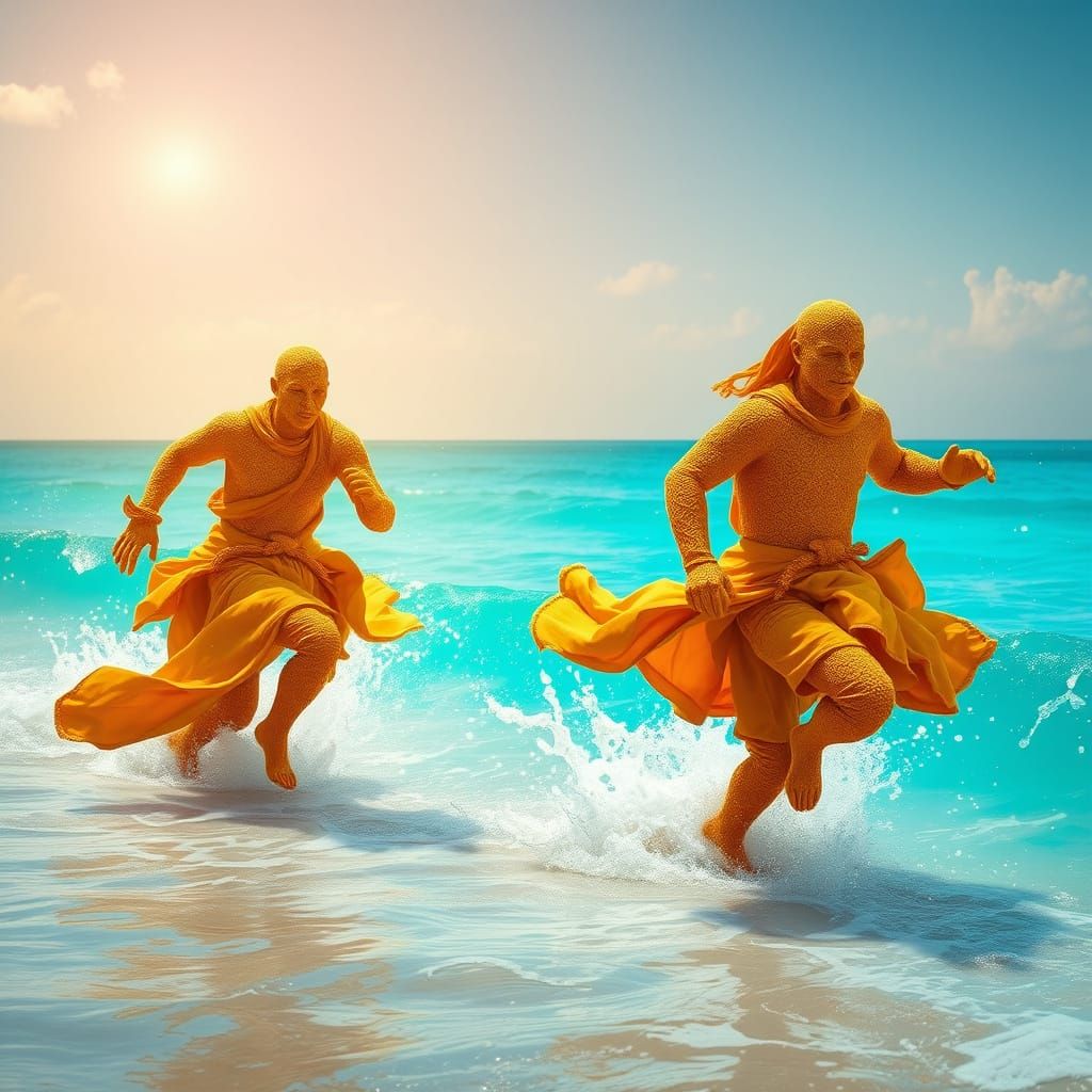Surreal Golden Sand Humanoids Leap into Turquoise Ocean