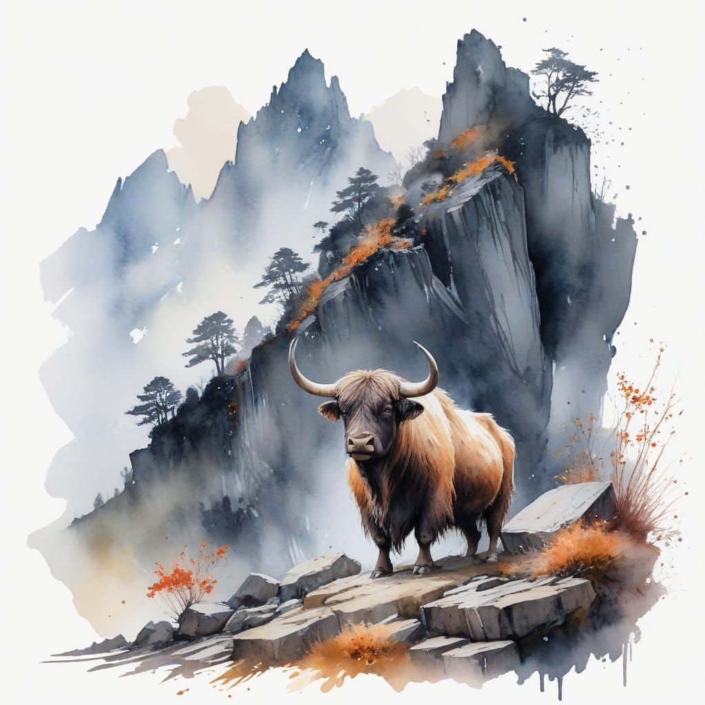 Surreal Yak Guards Ancient Silk Temple in Autumn Twilight