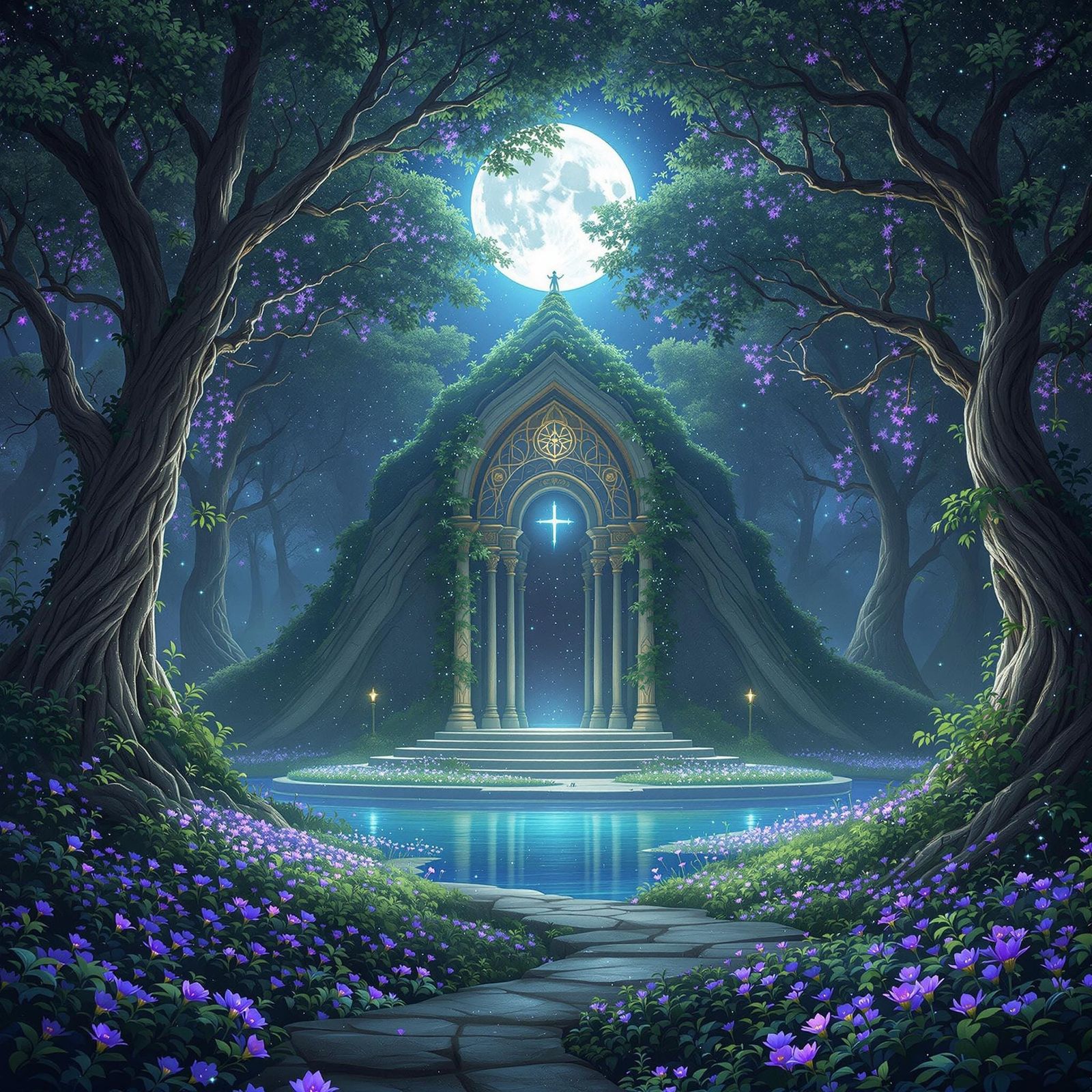 Mystical Moonlit Sanctuary in a Dreamlike Forest