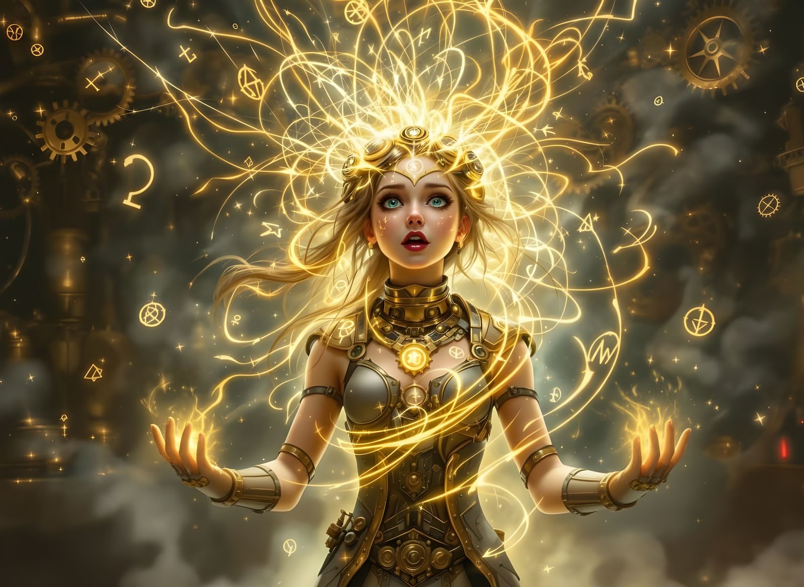 Inventor's Mystical Fusion in Steampunk Workshop