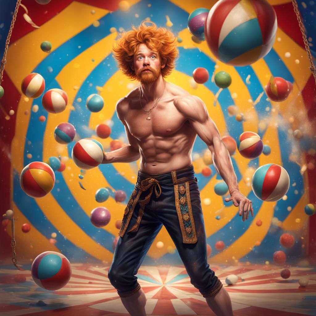 Handsome Ginger Juggler in Circus: Hyperrealistic Splash Art