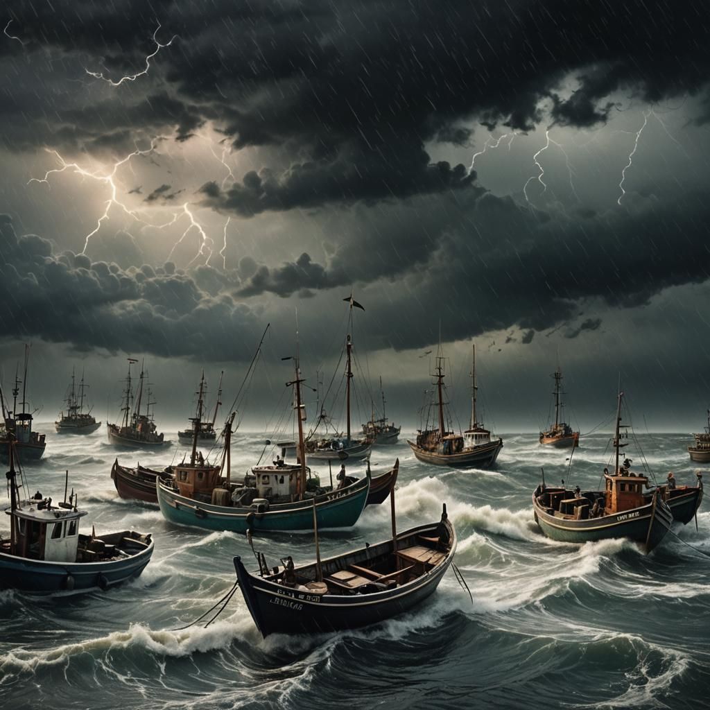 Fishing Boats in Dark Storm: Dramatic Digital Painting