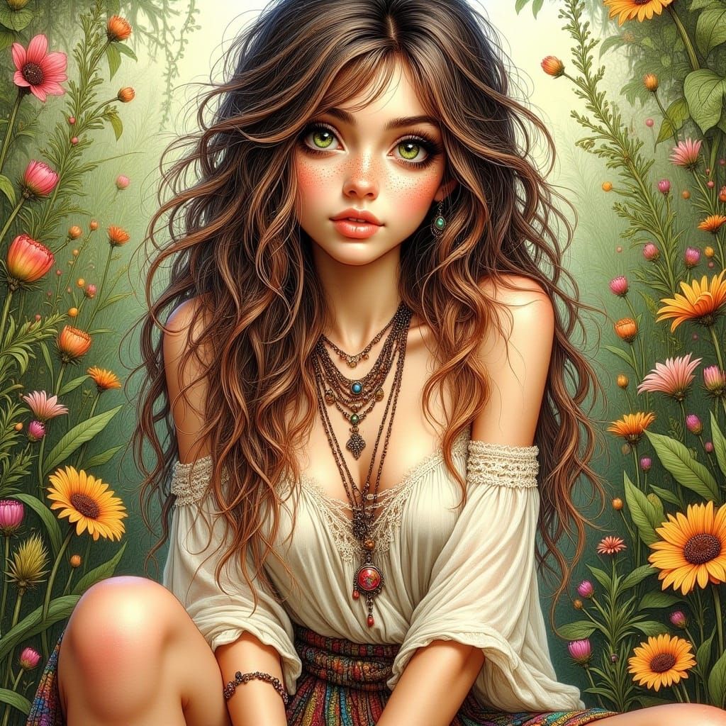 Boho Witch in Lush Garden, Digital Art