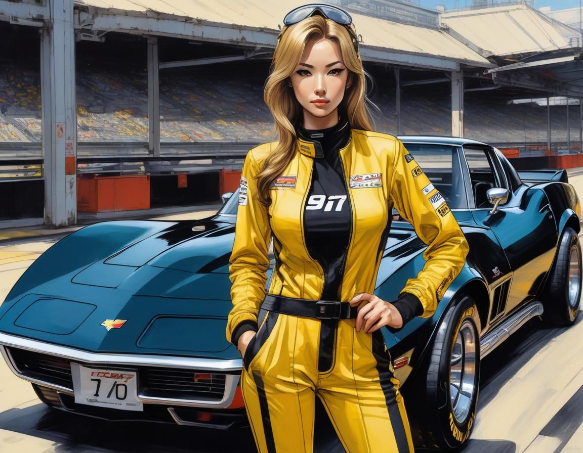 Race Car Driver with 1970s Corvette, Manga Key Visual