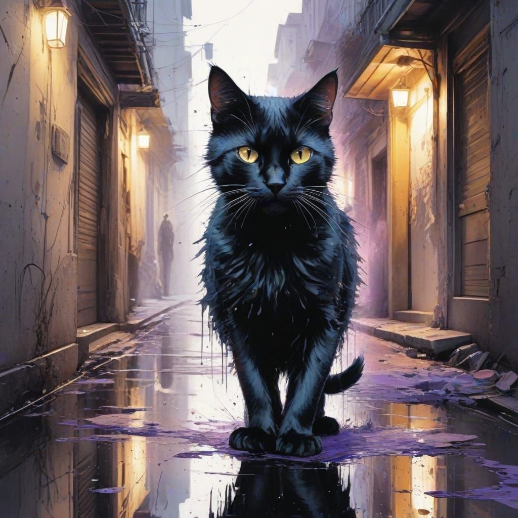 Neon Alley Cat: A Watercolour Digital Painting