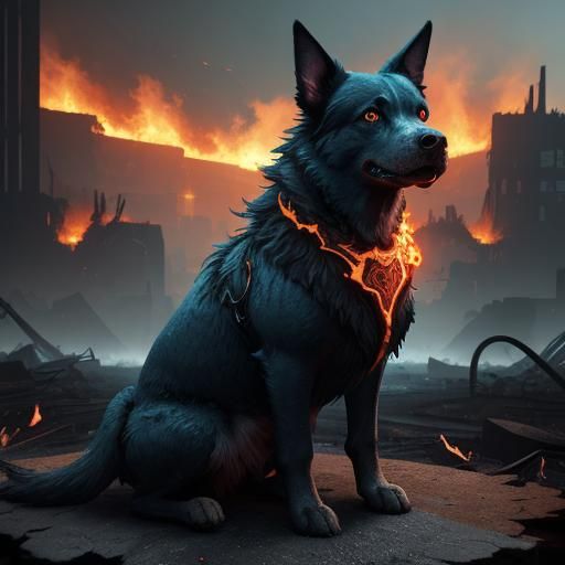 Fire-Breathing Dog Amidst Blazing Ruins