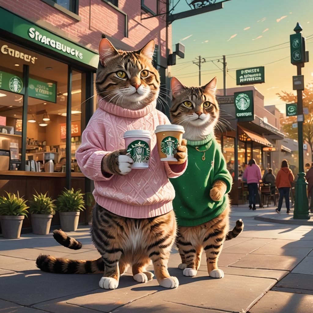 Tabby Cat as 'Karen' at Starbucks, Whimsical Art