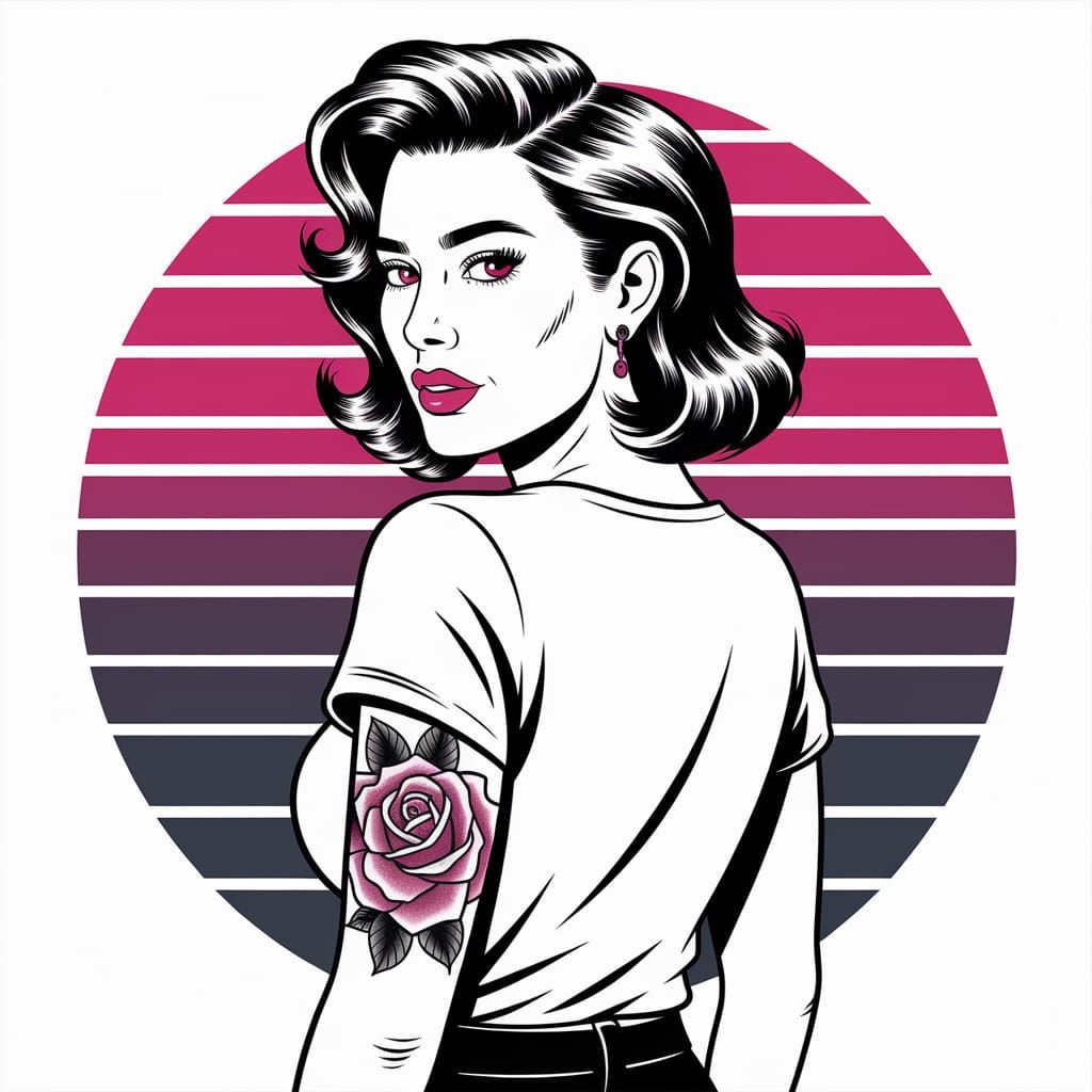 Retro Ink Drawing: Woman with Rose Tattoo