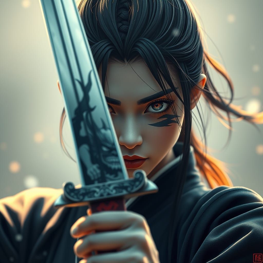 Fierce Japanese Warrior with Katana Reflection