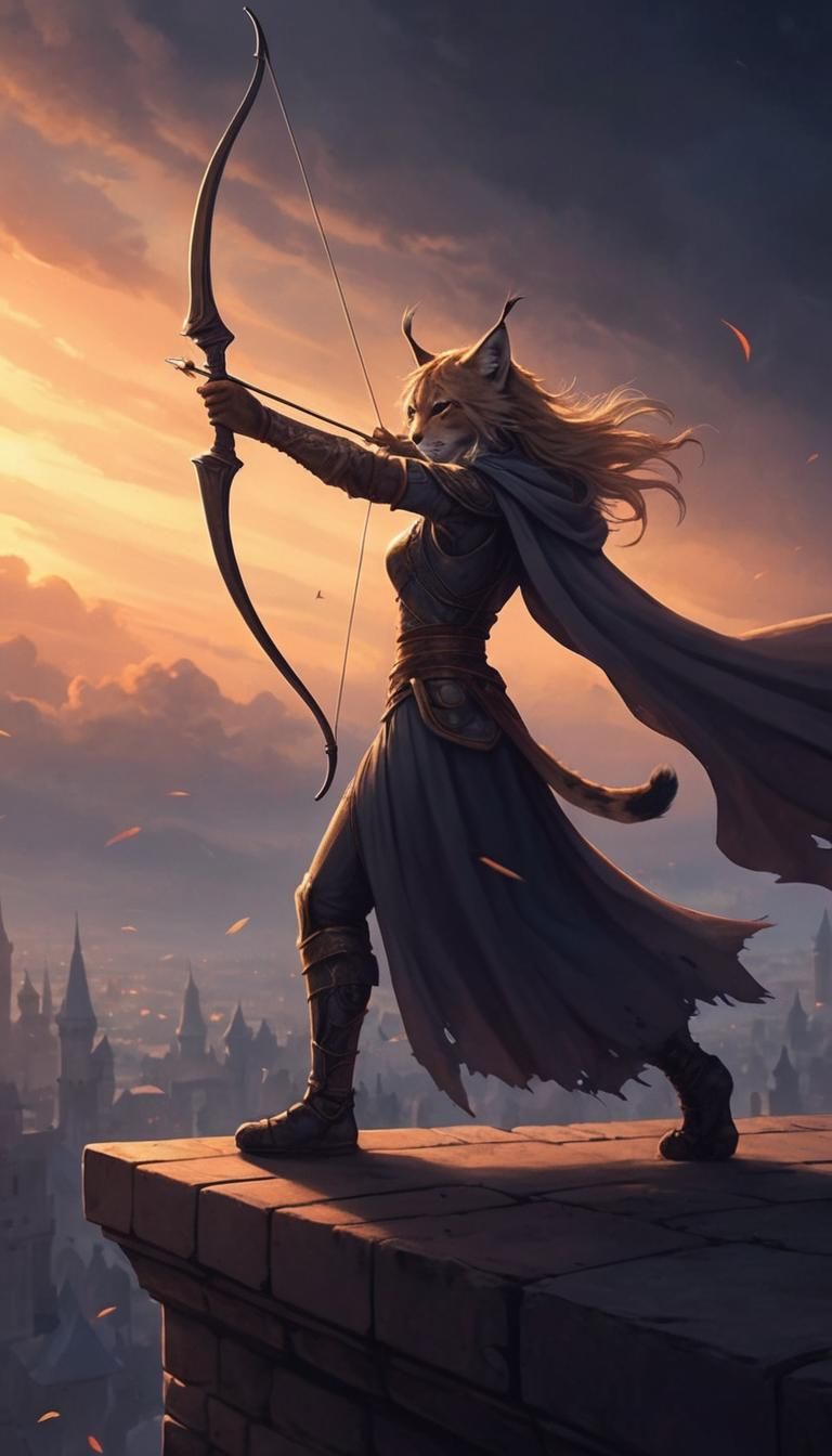 Lynx Archer on Battlements in High Fantasy Oil Painting