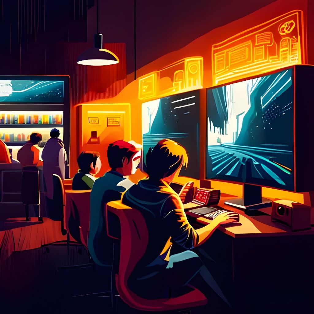 People Gathered in Dimly Lit Internet Cafe