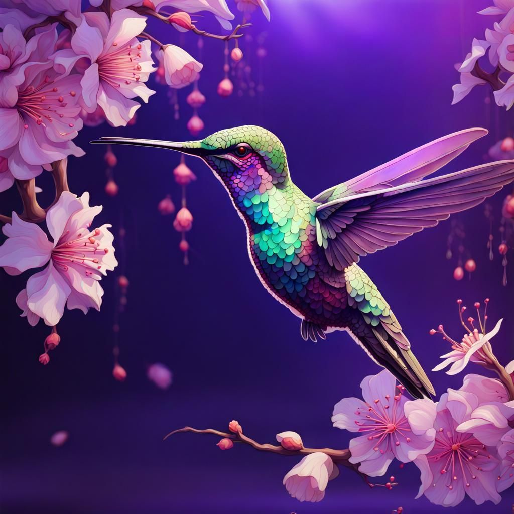 Cyberpunk Hummingbird with Purple Filigree Details