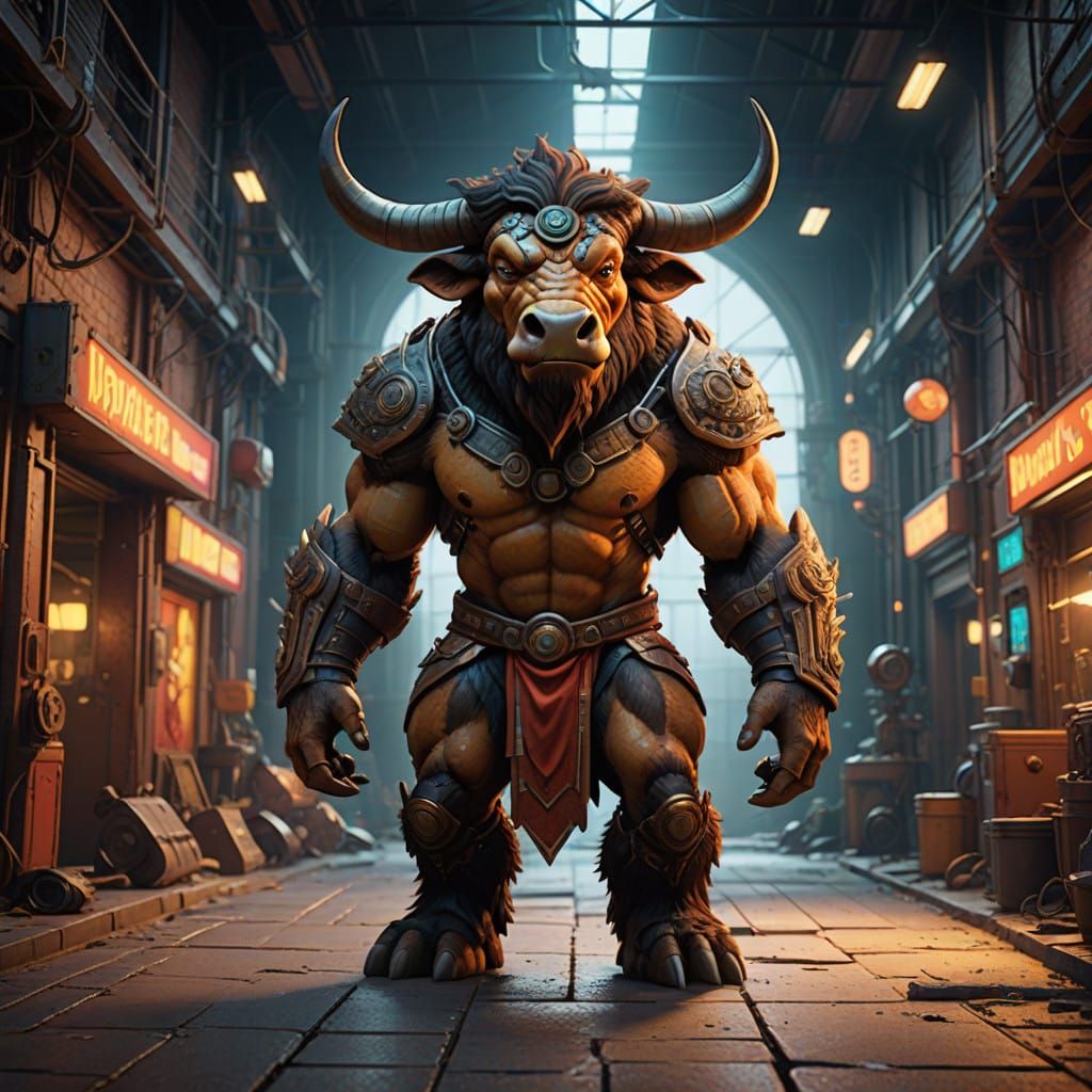 Comedic Minotaur in Vibrant Pixar-Inspired Setting