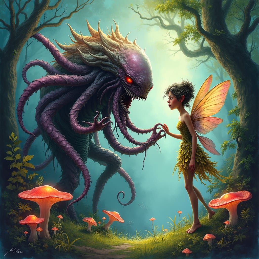 Tentacled Giant Chats with a Bored Fairy in Vibrant Forest