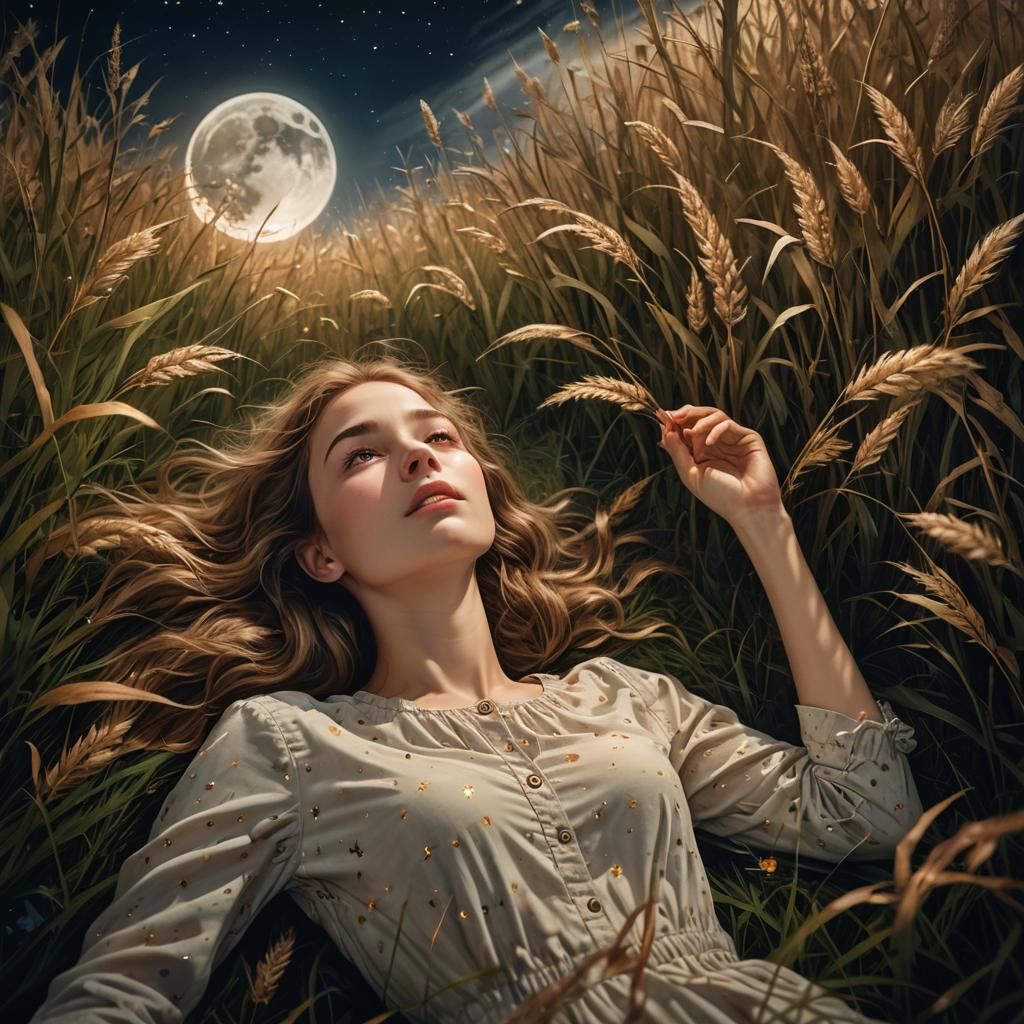 Woman Gazing at Starry Night Sky in Surreal Field