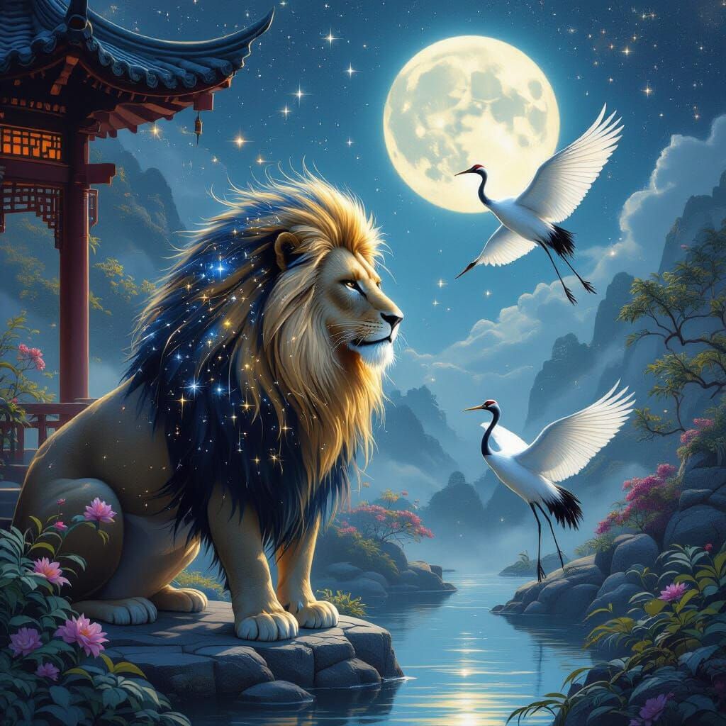 An ancient, wise lion, its mane interwoven with celestial co...