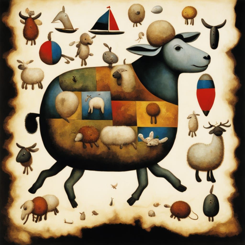 Surreal Sheep Made of Ships in Whimsical Art Style