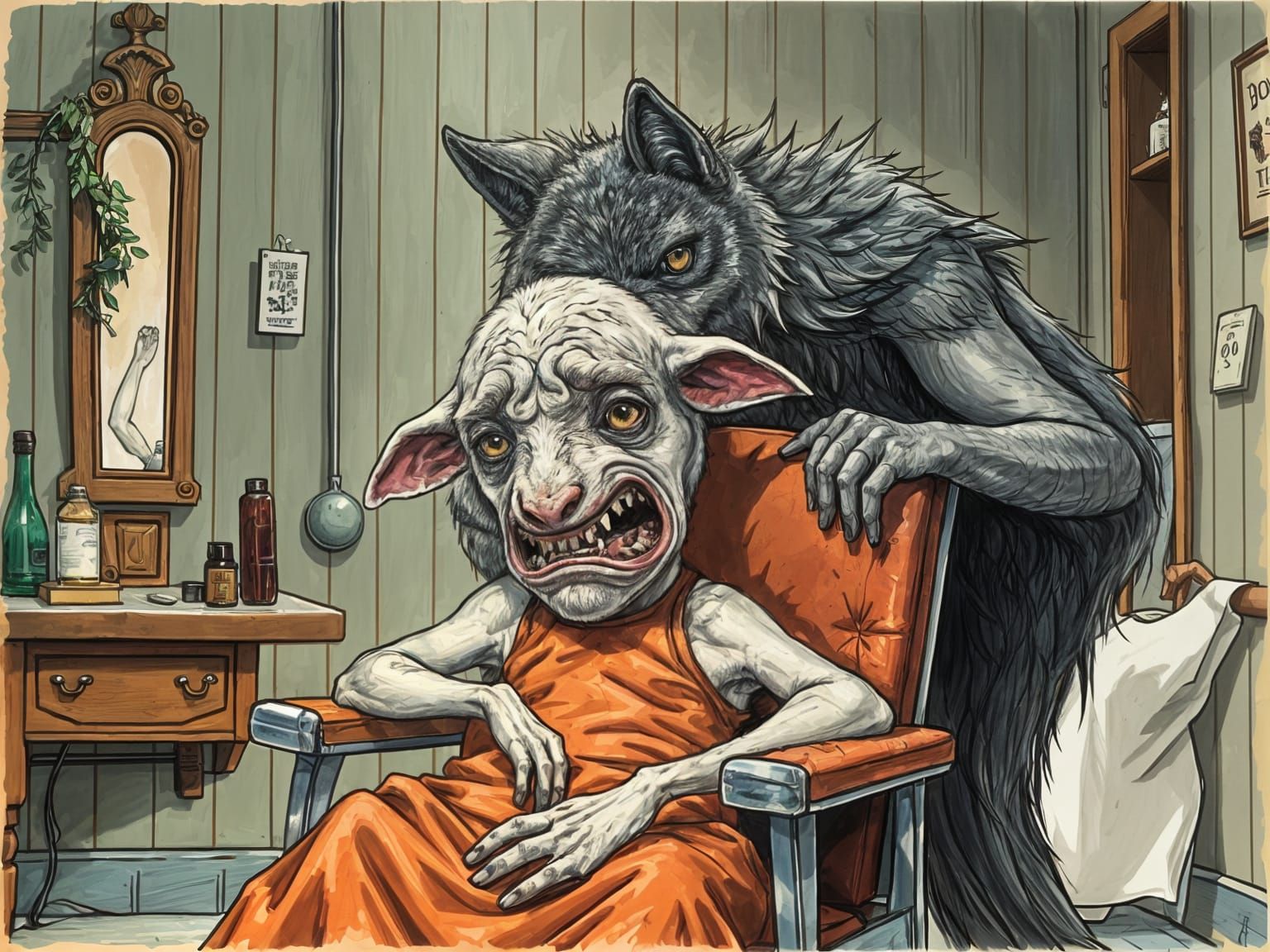 Nervous Lamb at Wolf's Barber Shop: Funny Illustration