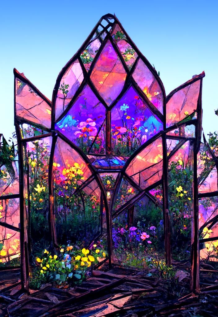 Stained Glass Greenhouse with Wildflowers and Golden Light
