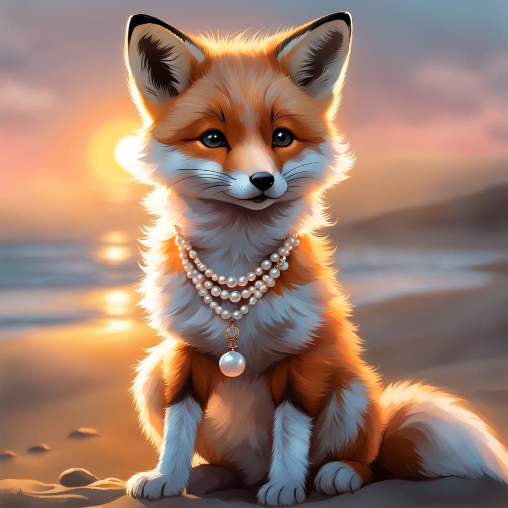 Whimsical Fox Pup with Pearls on Beach