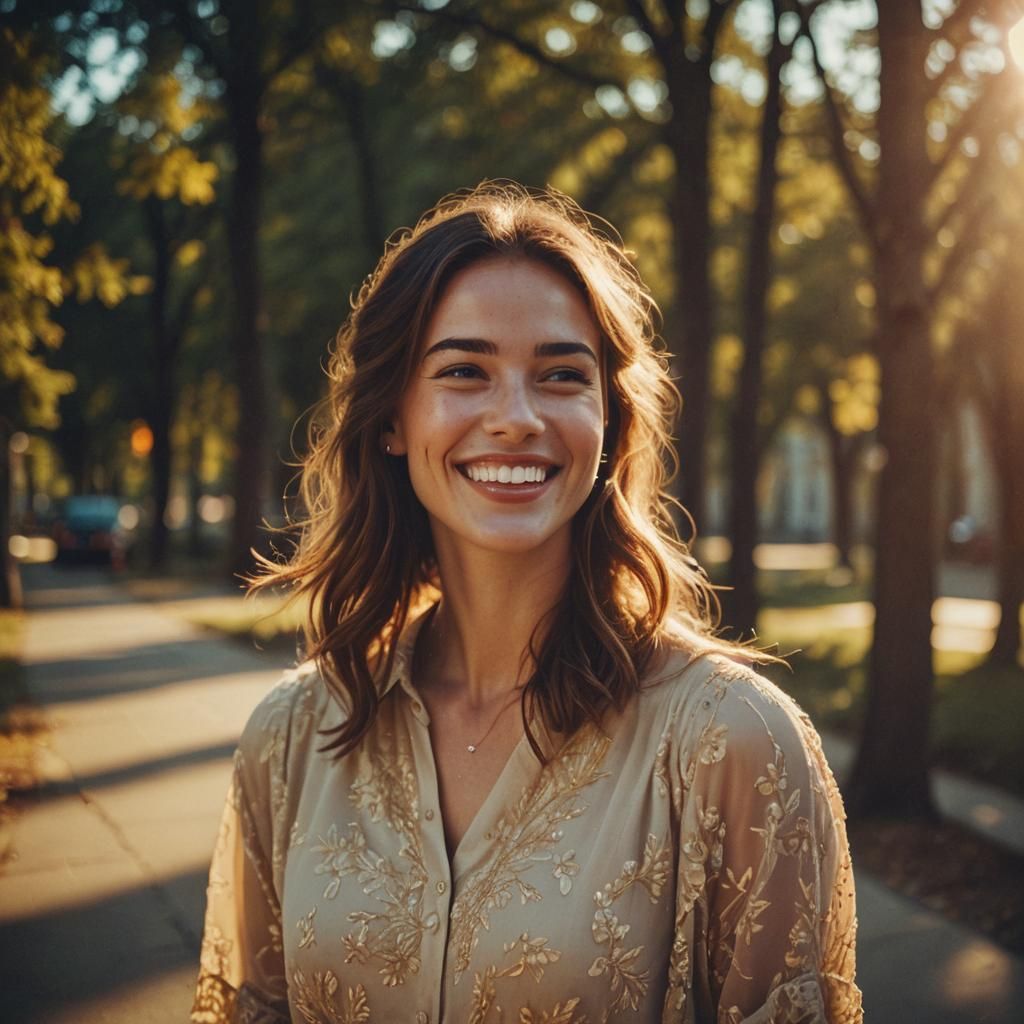 Radiant Young Woman with Wide Smile in Cinematic Style