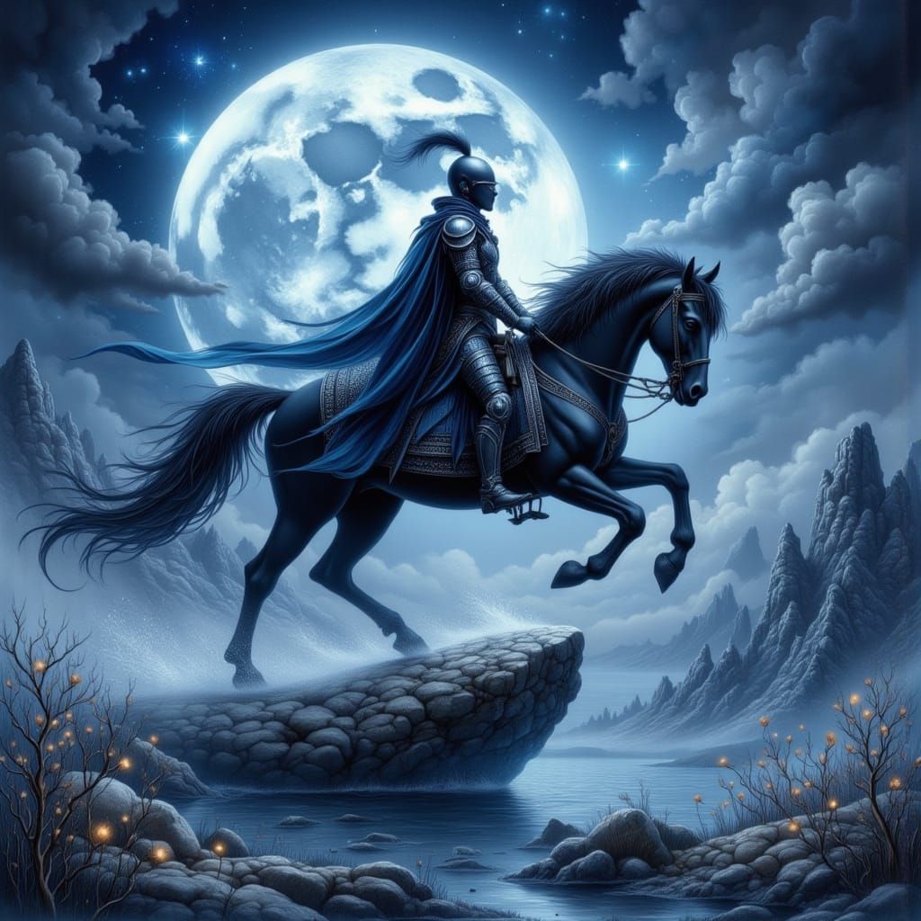 Pale blue moon knight rides the black stallion in the blaste...
