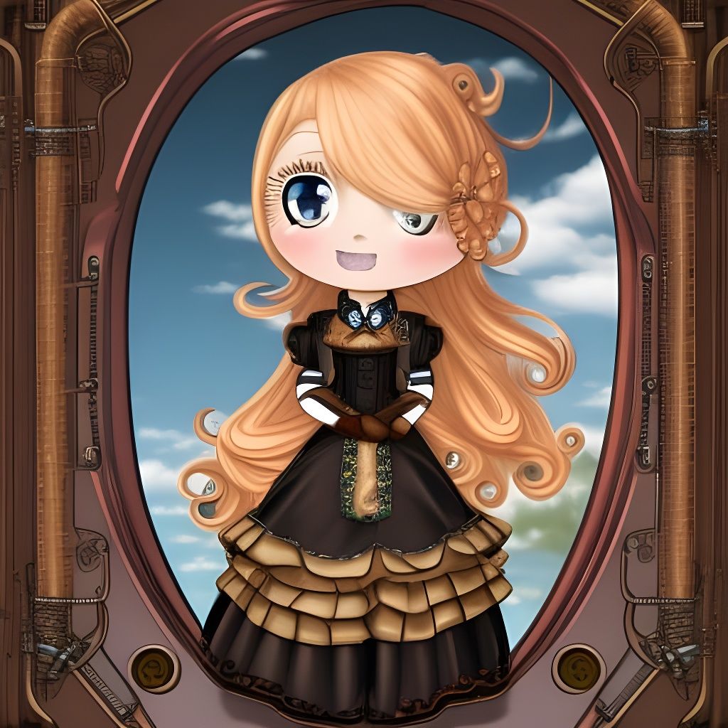 Chibi Girl on Steampunk Train in Victorian Style