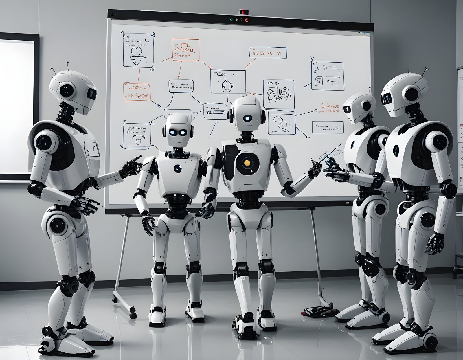 Robots Brainstorming Ideas on Digital Whiteboard