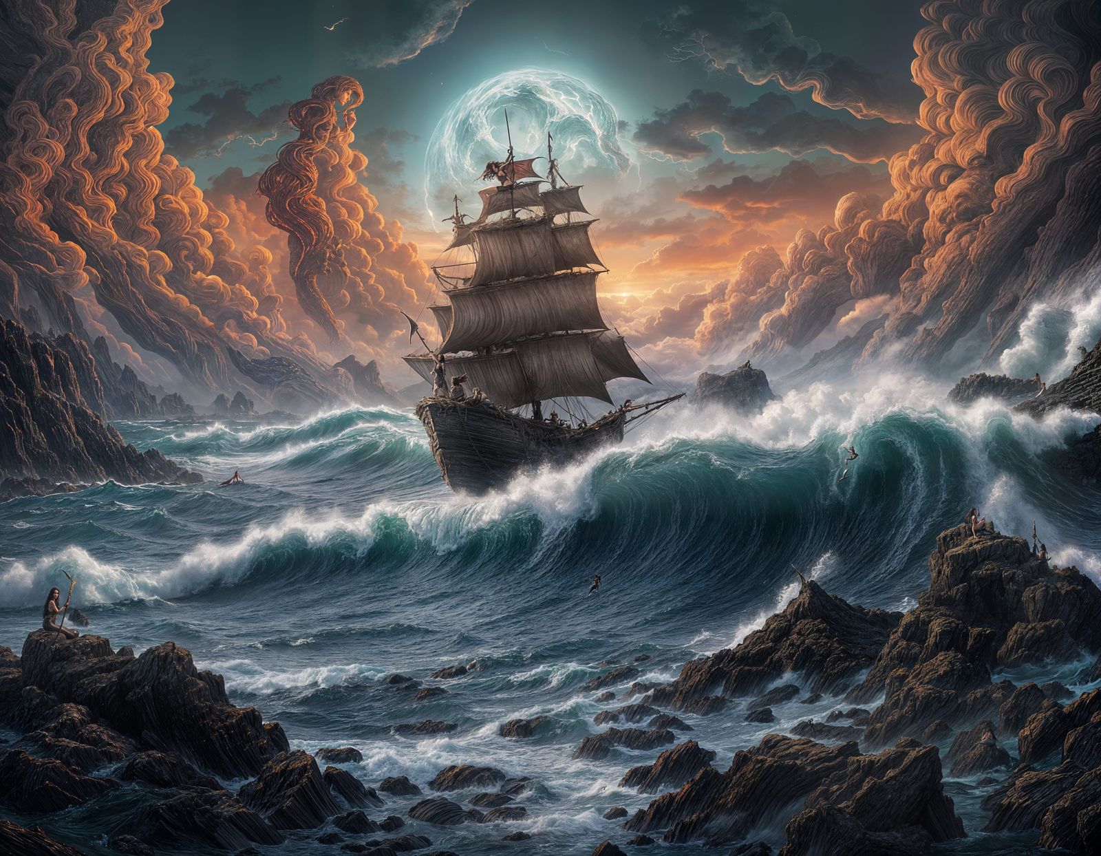 Devil Mermaid with Trident on Jagged Rocks