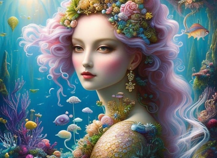 Ethereal Mermaid Portrait in Surreal Underwater Scene