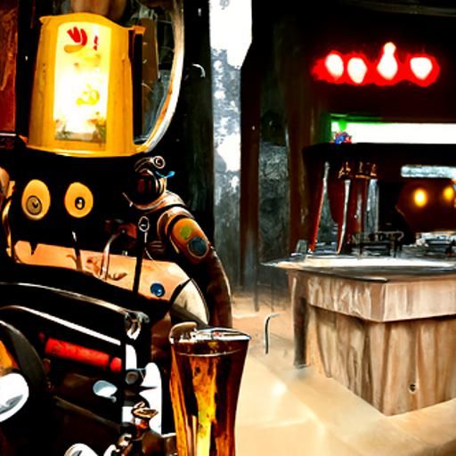 Futuristic Steampunk Bar Interior with Clown Bartender