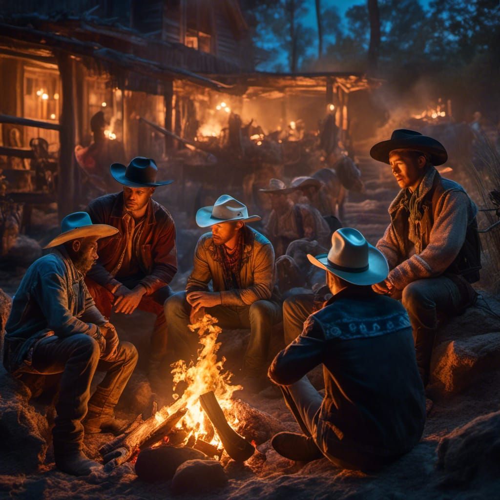 Center cowboys sitting around a fire at night. Hyperrealisti...