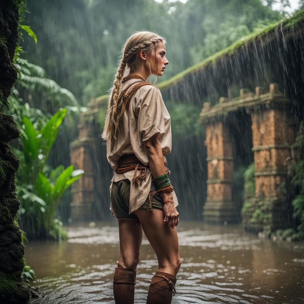 Explorer Woman in Rainy Amazon Ruins