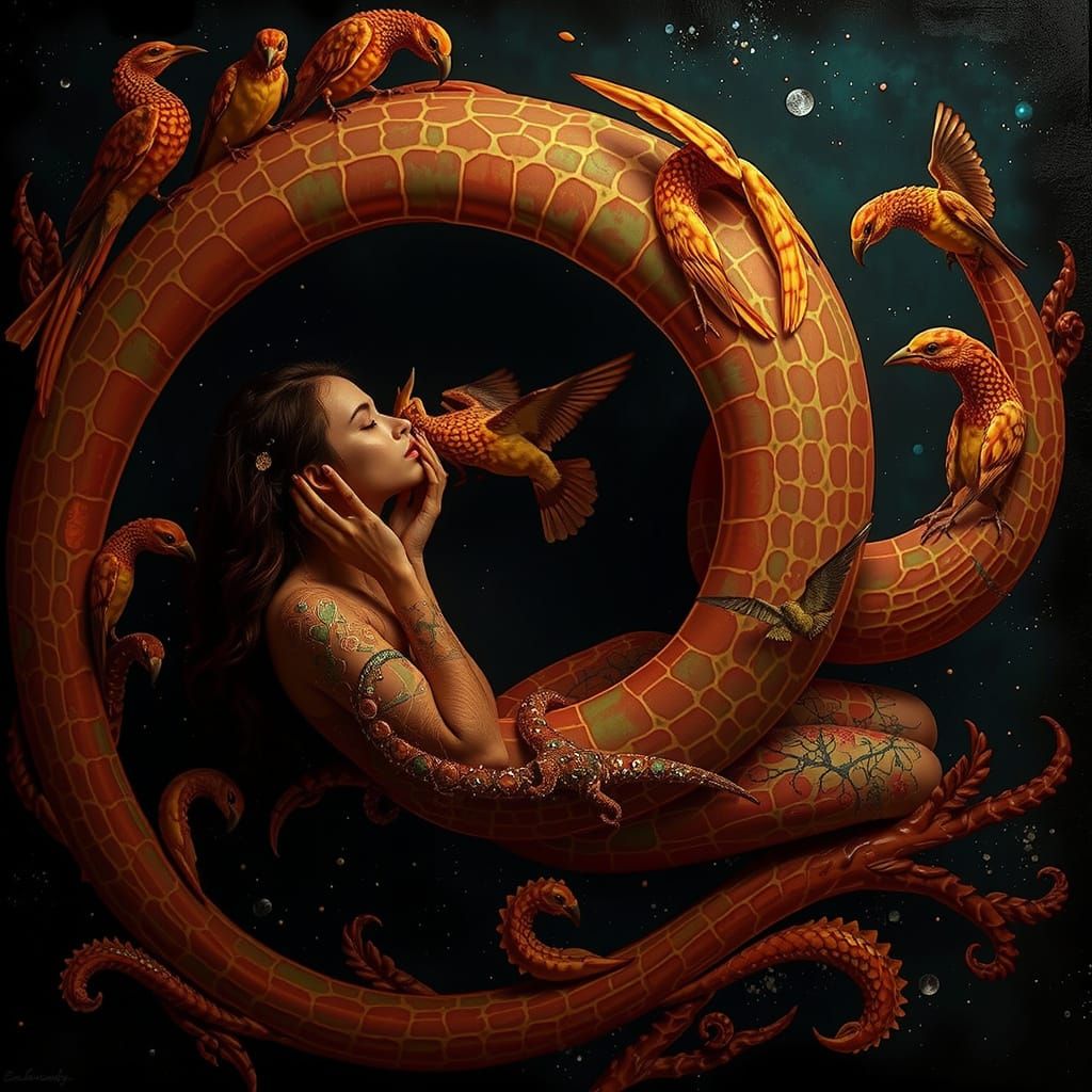 Woman Carrying Birds, Nature Connection, Dreamlike Mindscape