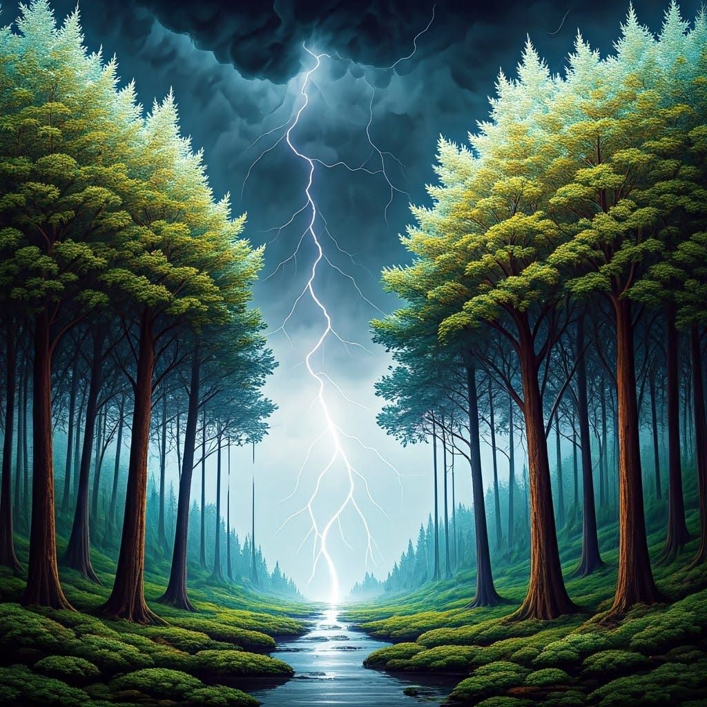 Stormy Forest Landscape in Sumi-e Impressionist Style