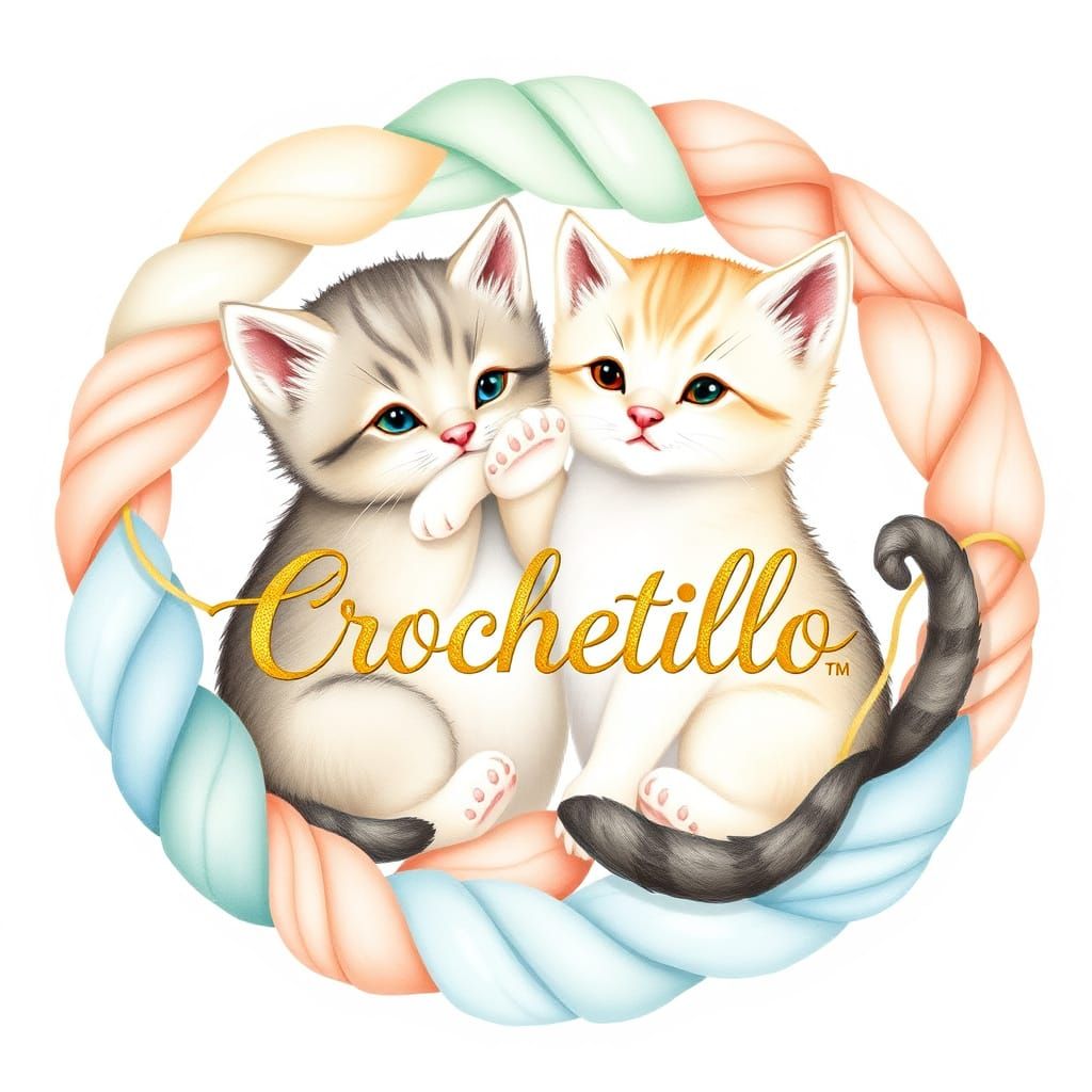 Whimsical Crochetillo Logo with Kittens and Pastel Wools