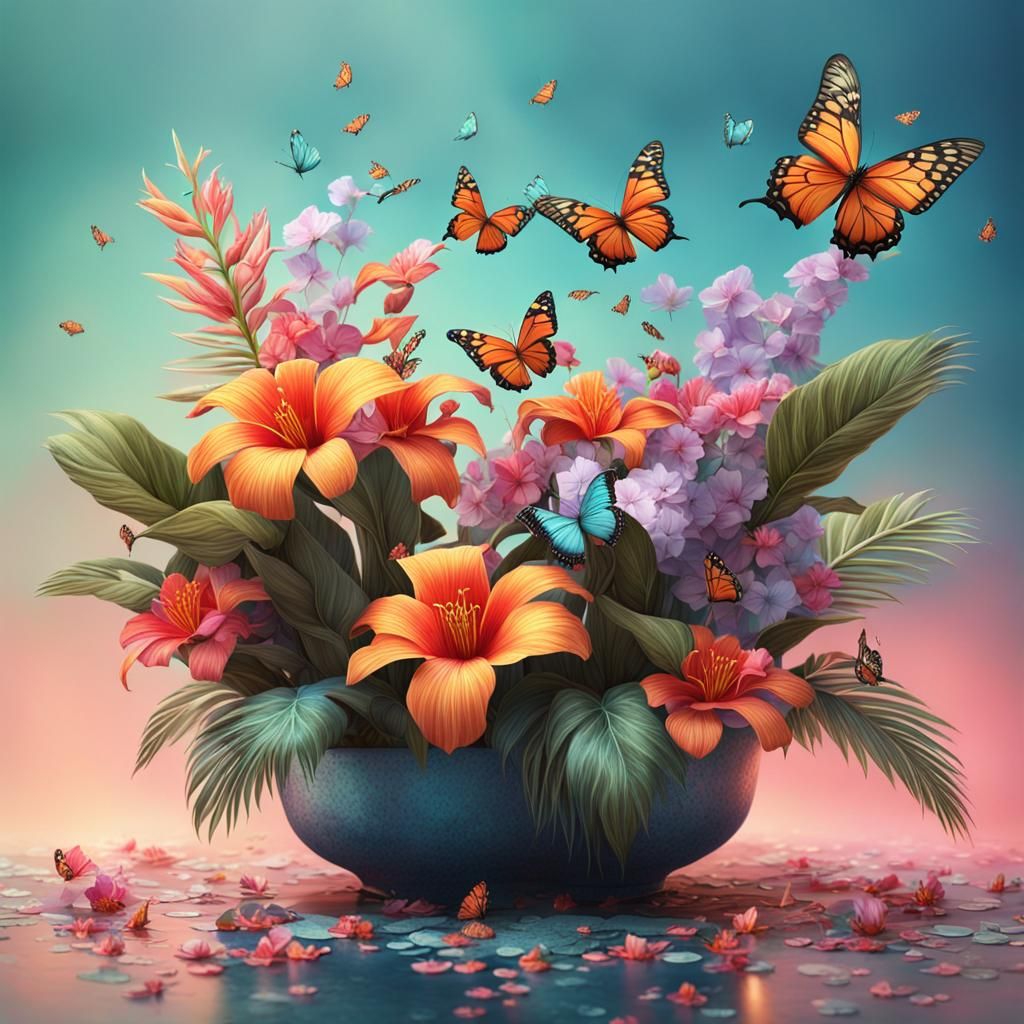 Tropical Flowers and Butterflies in Fantasy Art Style