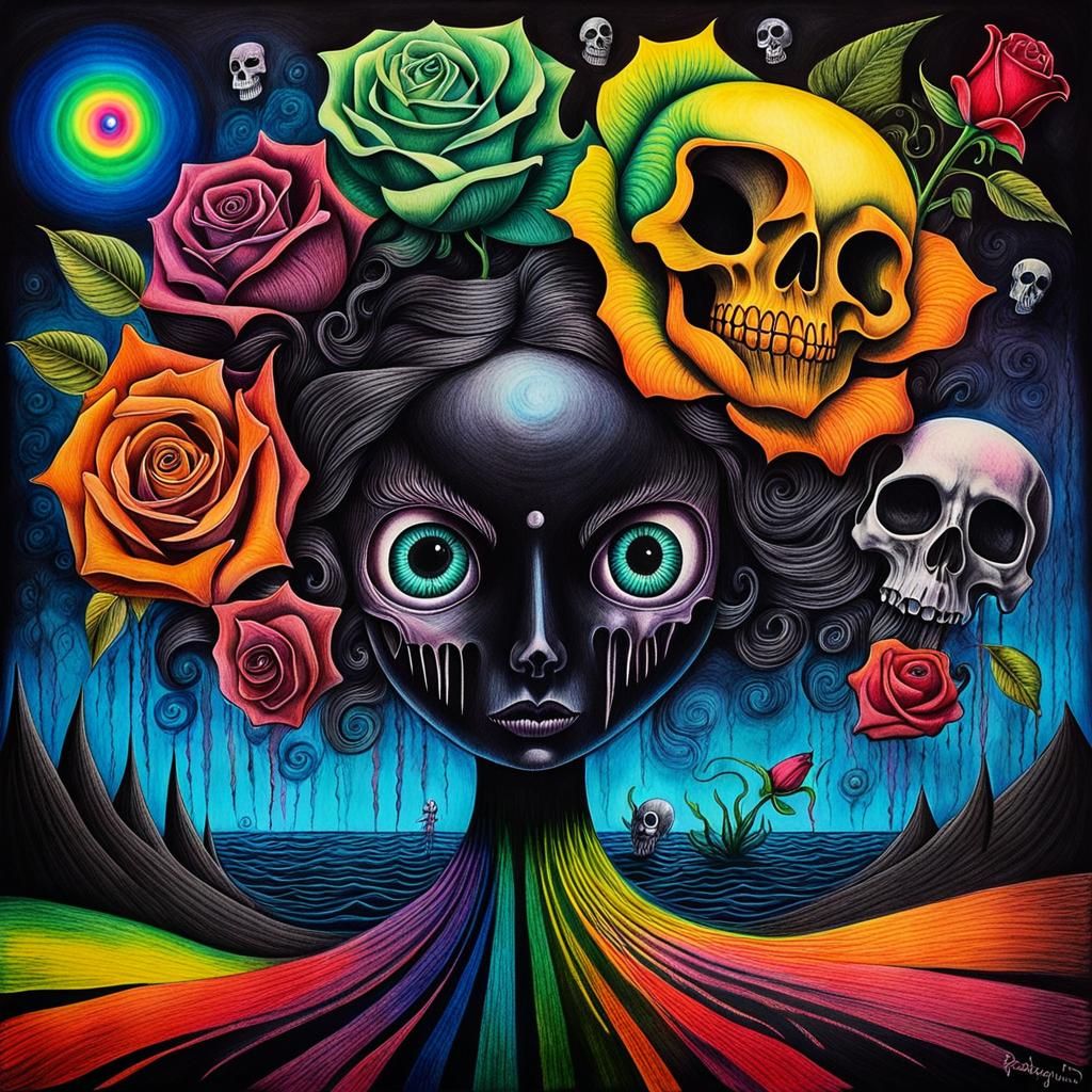 Surreal Crayon Drawing of Goth Woman in Darkness