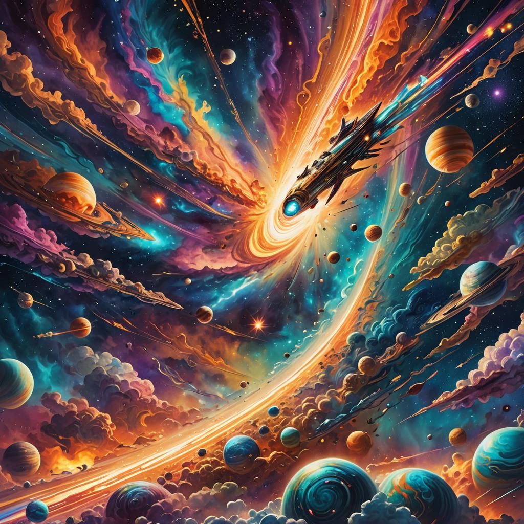 Spaceships Ascending from Jupiter in Cosmic Dreamscape