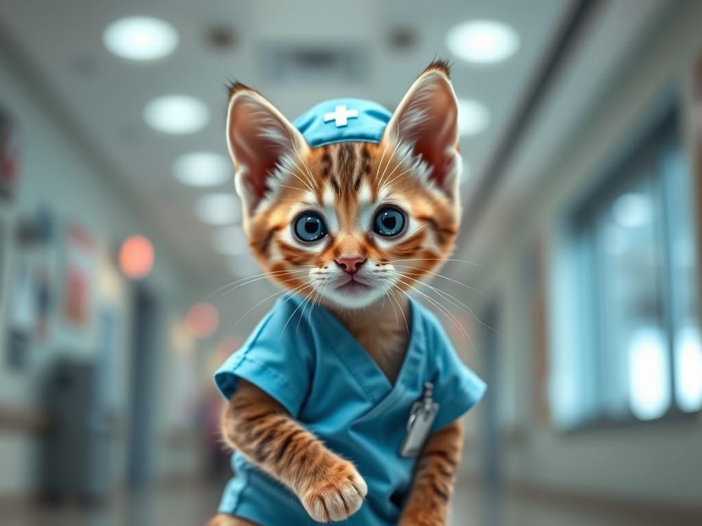 Anthropomorphic Kitten Nurse in Modern Hospital