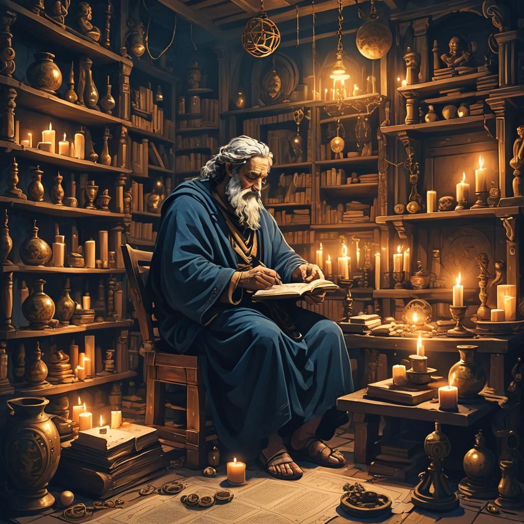 Greek Philosopher Contemplation in Mystical Candlelit Room
