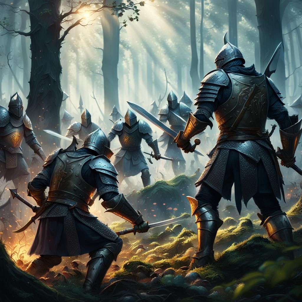 Knights Battle Goblins in Misty Forest Concept Art