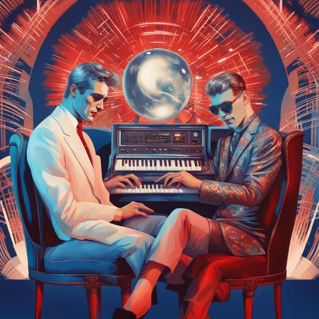 Maximalist Synth Players in Retrofuturistic Splendor