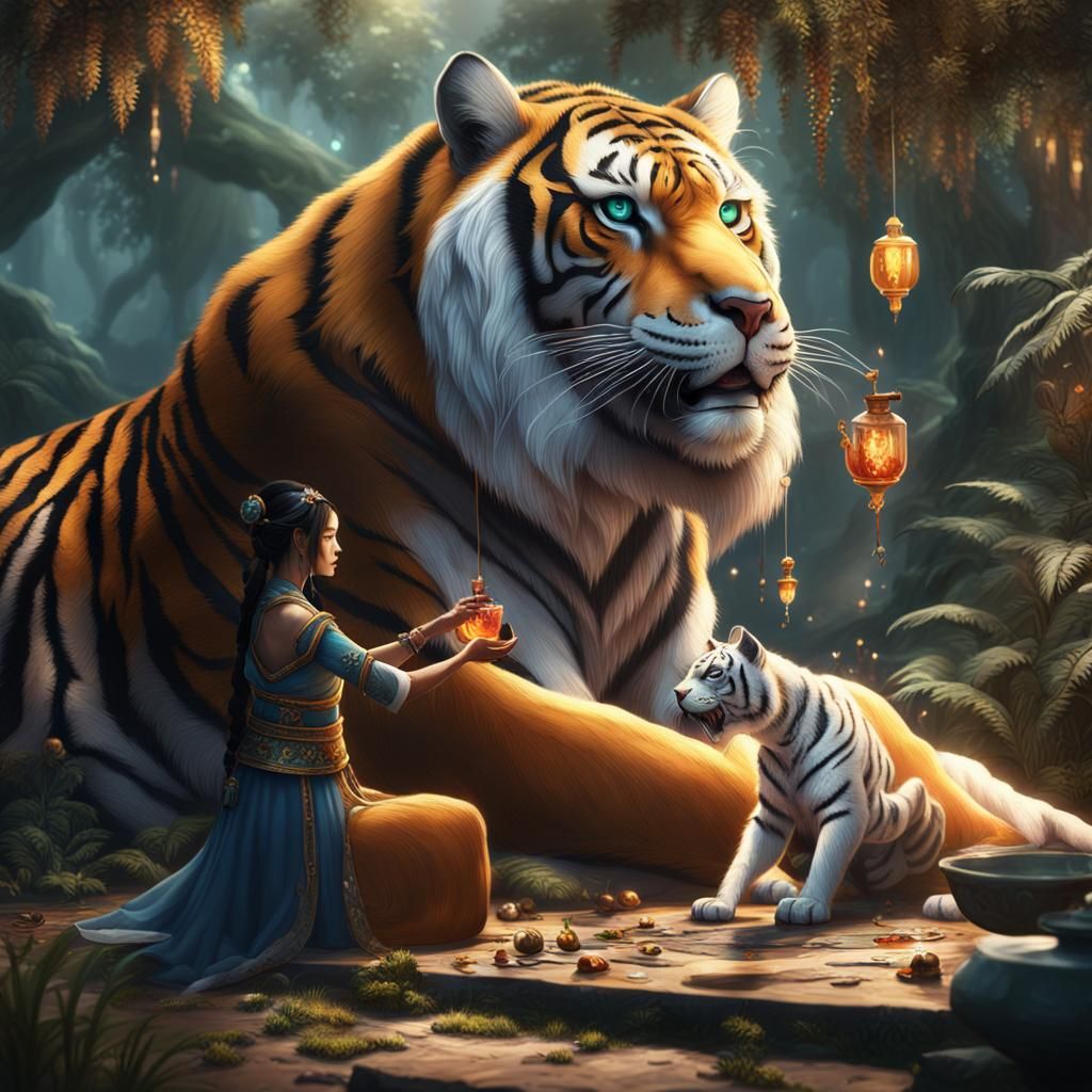 Asian Fairy Heals Tiger with Magic Potion