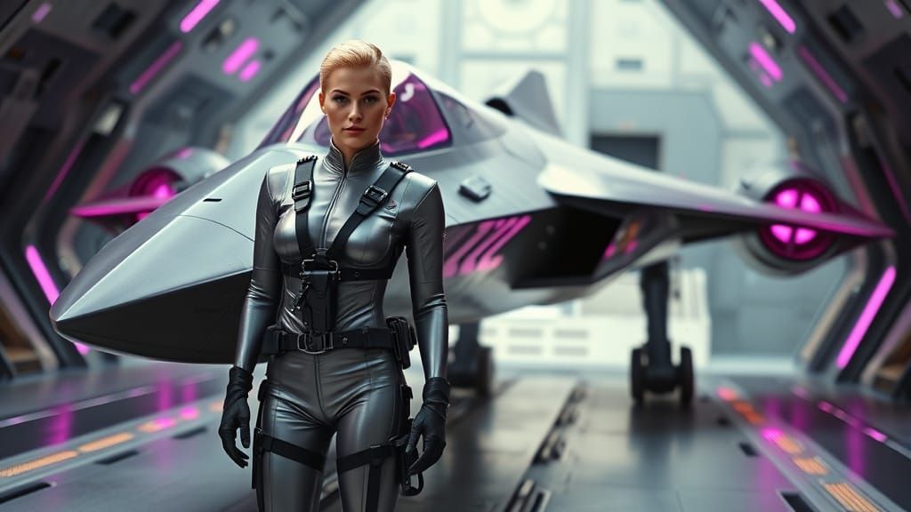Futuristic Pilot in Hangar Bay: Retro Sci-Fi Scene