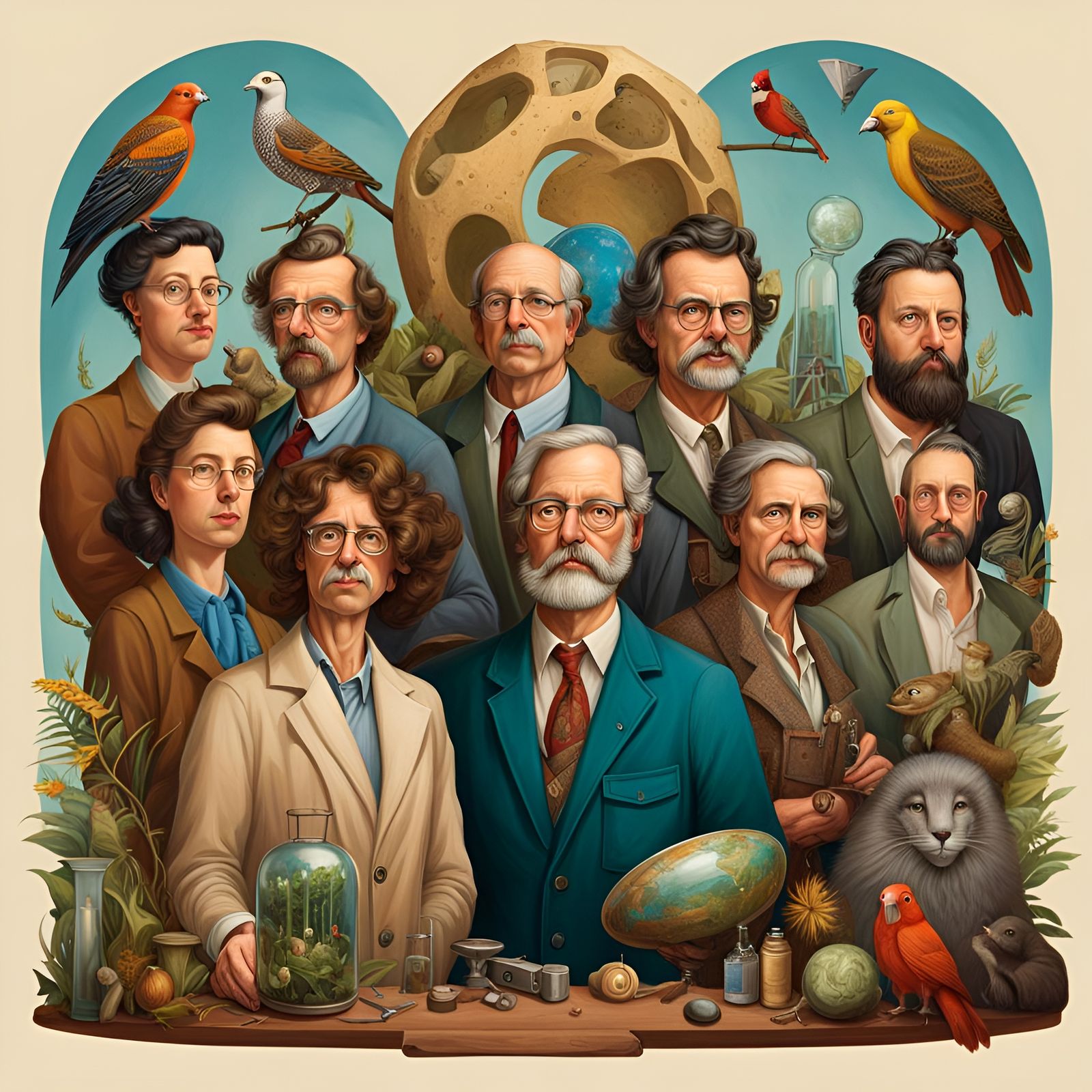 Group Portrait of Scientists: a zoologist, a biologist, a geologist, an archaeologist, a physicist, an astronomer, a pal...