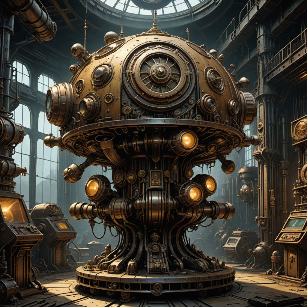 Retrofuturistic Biomechanical Mushroom Bomb in Steampunk Sty...